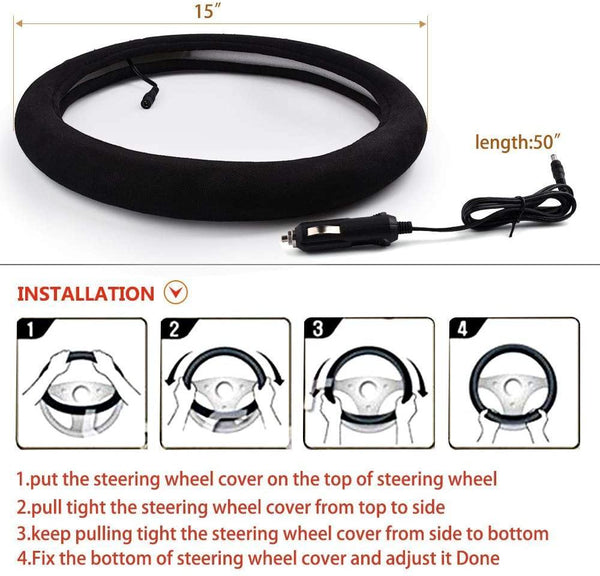 Warm Touch Heated Steering Wheel Cover Heats up Quickly - Universal Size 14.5-15.5" for Car Truck Van SUV - Rokcar