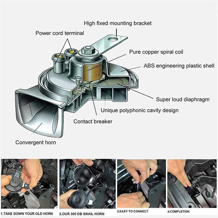 1 Pair 300DB Super Loud Train Horn for Truck Train Boat Car Air Electric Snail Single Horn Black - Rokcar