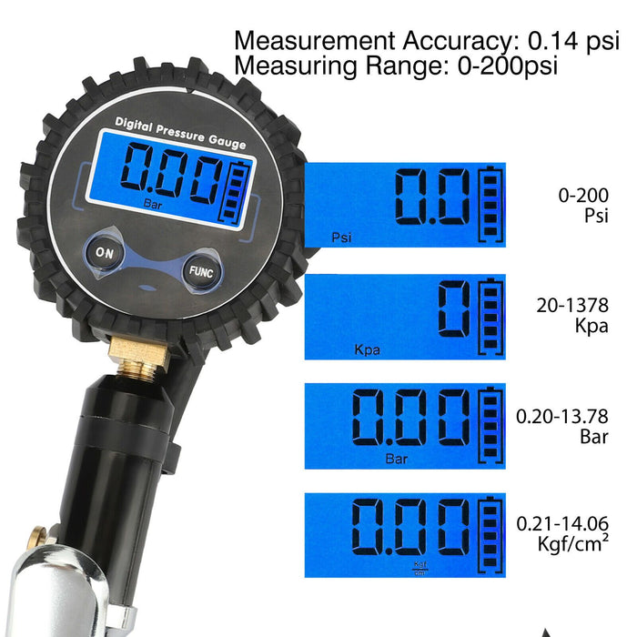 200 PSI LCD Digital Pressure Gauge Air Tire Inflator Air Chuck for Car Vehicles