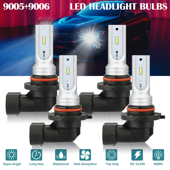 4PCS 9005 9006 LED Combo Headlight Bulb High Low Beam Kit 6000K Super Bright White