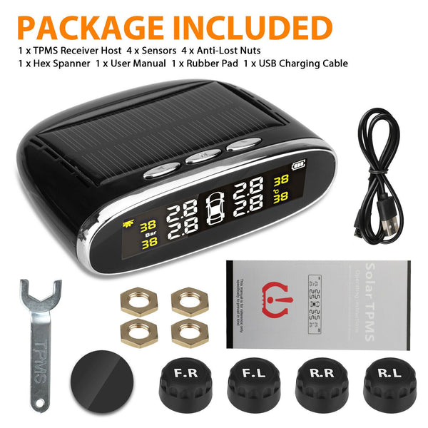 Solar & USB TPMS Wireless Car Tire Pressure Monitoring System + 4 Sensors Alarm