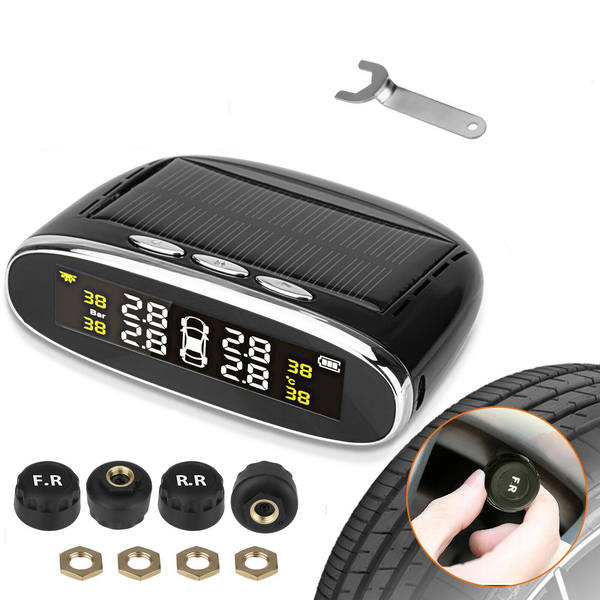 Solar & USB TPMS Wireless Car Tire Pressure Monitoring System + 4 Sensors Alarm
