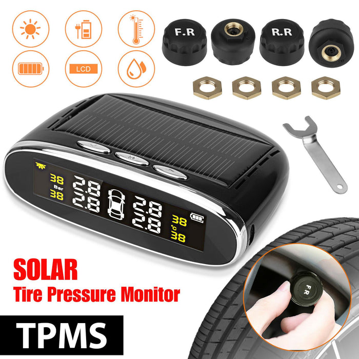 Solar & USB TPMS Wireless Car Tire Pressure Monitoring System + 4 Sensors Alarm