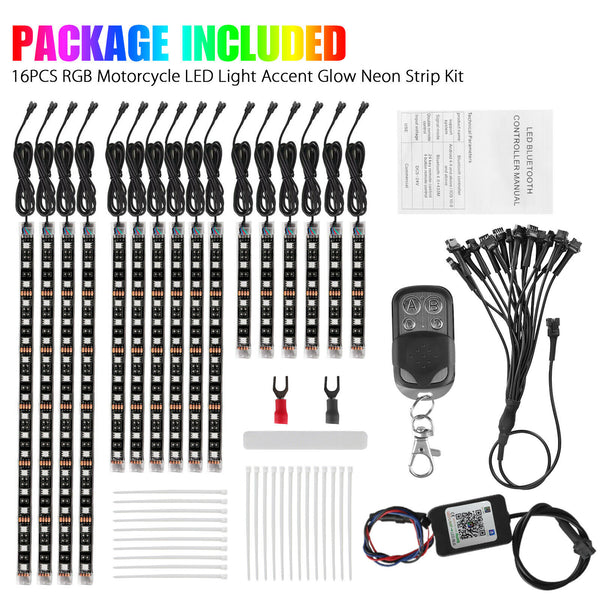 16X Wireless Bluetooth Motorcycle ATV RGB 180LED Under Glow Light Strip Neon Kit