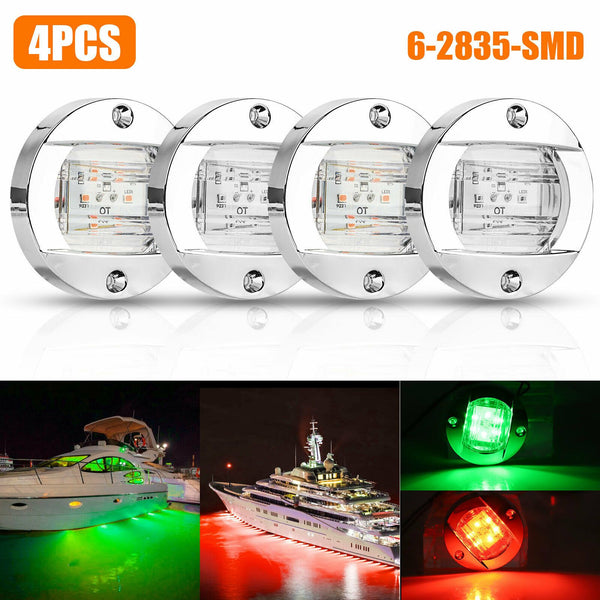 4PCS Red Green 6LED Round Marine Boat Courtesy Lights Cabin Deck Stern Navigatioin